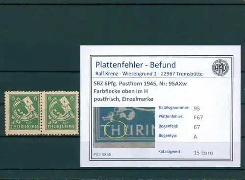 SBZ 1945 Nr 95AXw F67 postfrisch (204208)