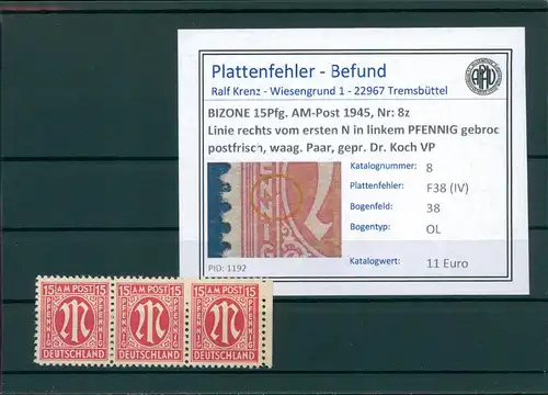 BIZONE 1945 Nr 8z F38(IV) postfrisch (204302)