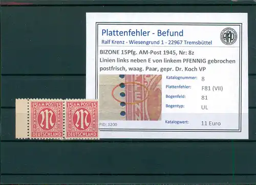 BIZONE 1945 Nr 8z F81(VII) postfrisch (204308)