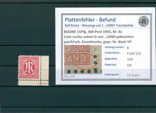 BIZONE 1945 Nr 8z F100(IX) postfrisch (204311)