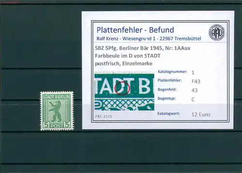 SBZ 1945 Nr 1AAux F43 postfrisch (204496)