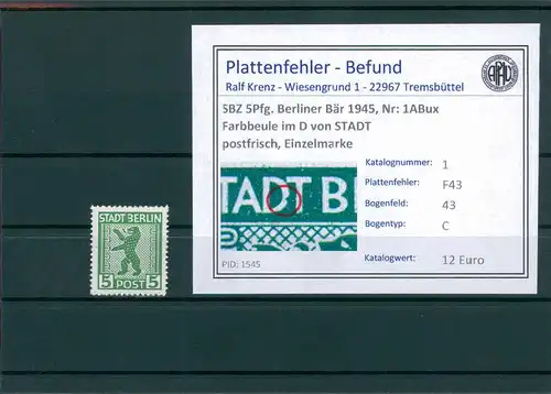 SBZ 1945 Nr 1ABux F43 postfrisch (204499)