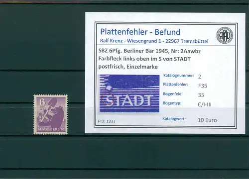 SBZ 1945 Nr 2Aawbz F35 postfrisch (204716)