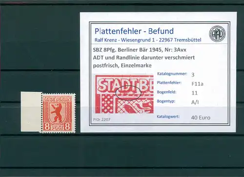 SBZ 1945 Nr 3Avx F11a postfrisch (204834)