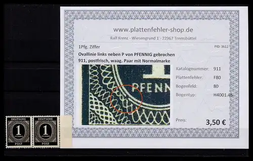 KONTROLLRAT 1946 PLATTENFEHLER Nr 911 F80 postfrisch (206284)