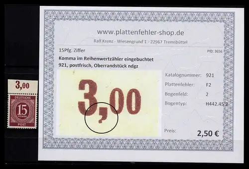 KONTROLLRAT 1946 PLATTENFEHLER Nr 921 F2 postfrisch (206313)