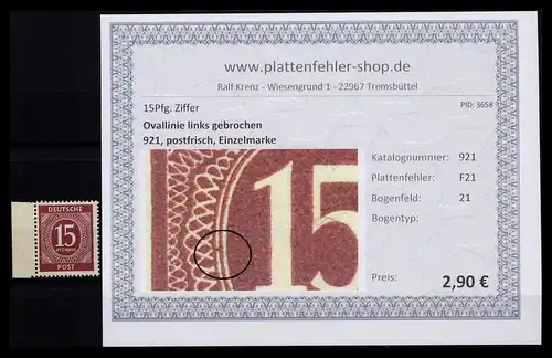 KONTROLLRAT 1946 PLATTENFEHLER Nr 921 F21 postfrisch (206320)