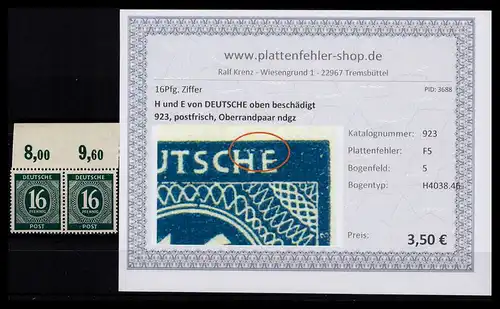 KONTROLLRAT 1946 PLATTENFEHLER Nr 923 F5 postfrisch (206335)