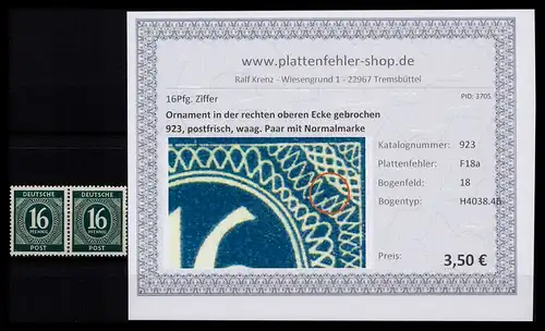 KONTROLLRAT 1946 PLATTENFEHLER Nr 923 F18a postfrisch (206339)