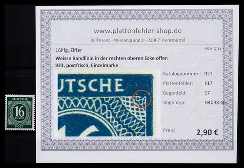 KONTROLLRAT 1946 PLATTENFEHLER Nr 923 F17 postfrisch (206342)