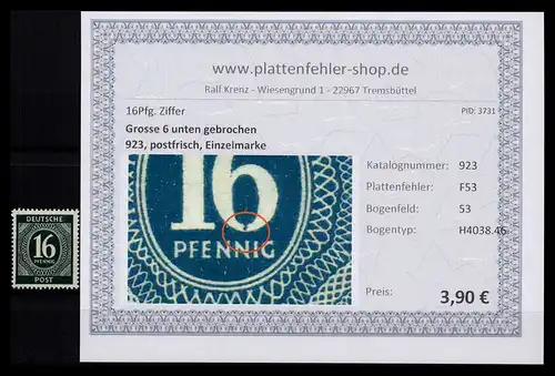 KONTROLLRAT 1946 PLATTENFEHLER Nr 923 F53 postfrisch (206349)