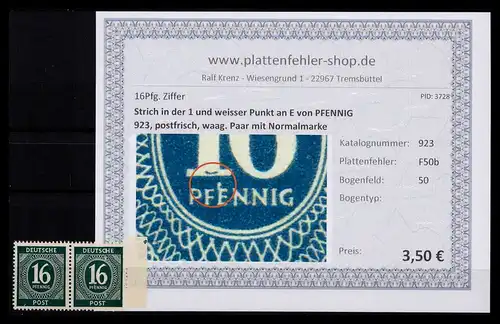 KONTROLLRAT 1946 PLATTENFEHLER Nr 923 F50b postfrisch (206352)