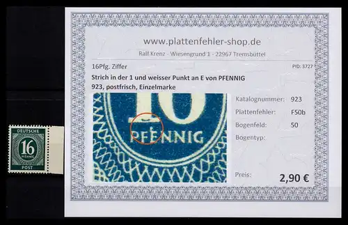 KONTROLLRAT 1946 PLATTENFEHLER Nr 923 F50b postfrisch (206355)