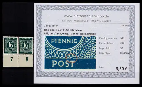 KONTROLLRAT 1946 PLATTENFEHLER Nr 923 F98 postfrisch (206373)