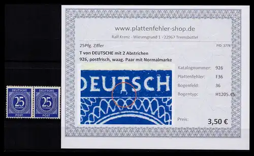 KONTROLLRAT 1946 PLATTENFEHLER Nr 926 F36 postfrisch (206383)