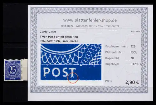 KONTROLLRAT 1946 PLATTENFEHLER Nr 926 F30b postfrisch (206395)