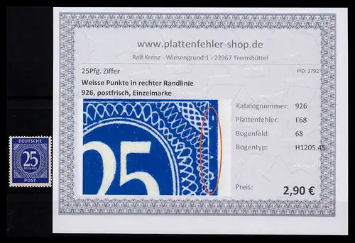 KONTROLLRAT 1946 PLATTENFEHLER Nr 926 F68 postfrisch (206403)