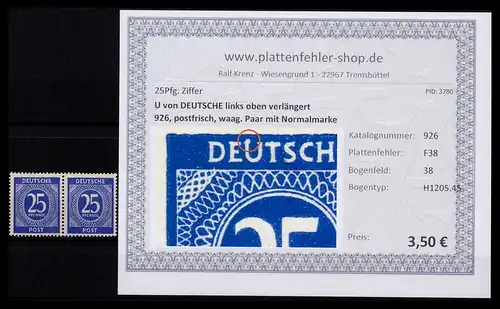 KONTROLLRAT 1946 PLATTENFEHLER Nr 926 F38 postfrisch (206408)