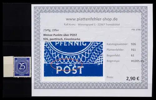 KONTROLLRAT 1946 PLATTENFEHLER Nr 926 F61 postfrisch (206409)