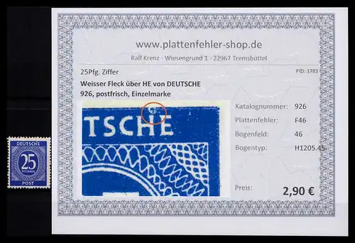 KONTROLLRAT 1946 PLATTENFEHLER Nr 926 F46 postfrisch (206411)