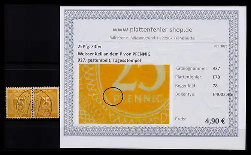 KONTROLLRAT 1946 PLATTENFEHLER Nr 927 F78 gestempelt (206414)