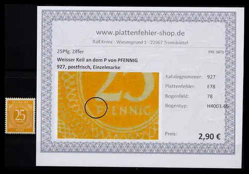 KONTROLLRAT 1946 PLATTENFEHLER Nr 927 F78 postfrisch (206417)