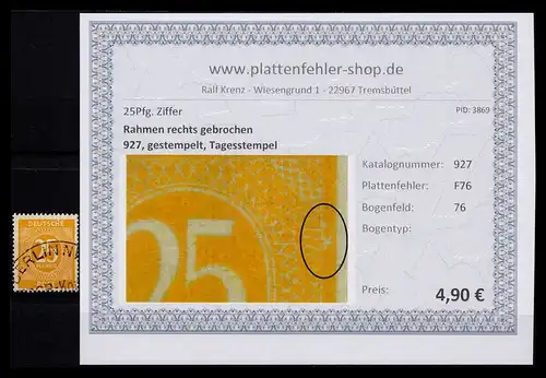KONTROLLRAT 1946 PLATTENFEHLER Nr 927 F76 gestempelt (206419)