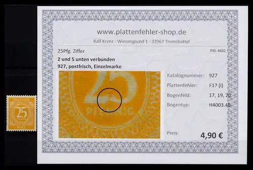 KONTROLLRAT 1946 PLATTENFEHLER Nr 927 F17 (I) gestempelt (206425)