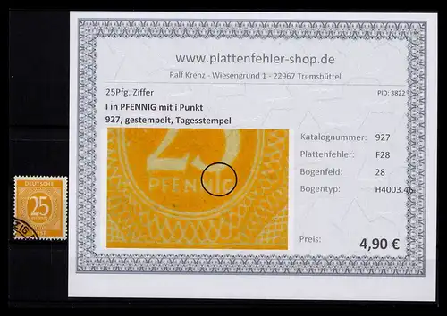 KONTROLLRAT 1946 PLATTENFEHLER Nr 927 F28 gestempelt (206431)