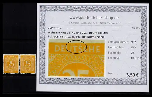 KONTROLLRAT 1946 PLATTENFEHLER Nr 927 F23 postfrisch (206434)