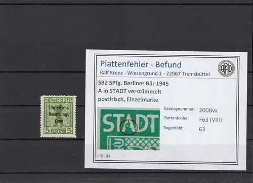 SBZ 1948 PLATTENFEHLER Nr 200Bvx VIII postfrisch (210277)