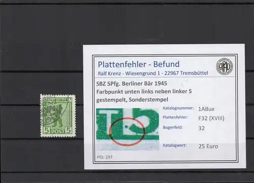 SBZ 1945 PLATTENFEHLER Nr 1ABux XVIII gestempelt (210361)