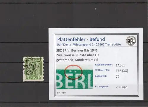 SBZ 1945 PLATTENFEHLER Nr 1ABvx XX gestempelt (210379)