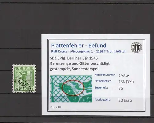 SBZ 1945 PLATTENFEHLER Nr 1ABux XXI gestempelt (210380)