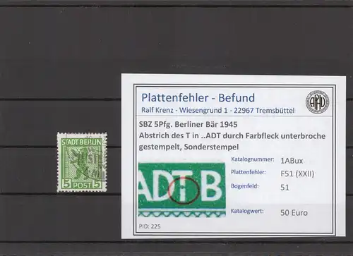 SBZ 1945 PLATTENFEHLER Nr 1ABux XXII gestempelt (210387)