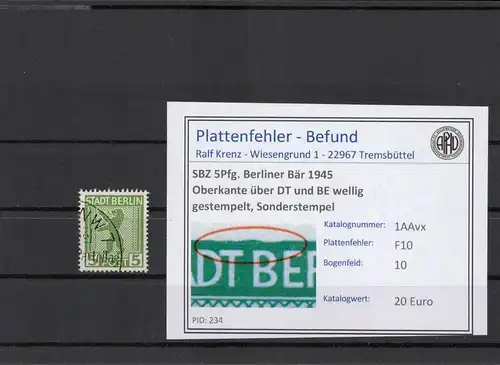 SBZ 1945 PLATTENFEHLER Nr 1AAvx F10 gestempelt (210390)