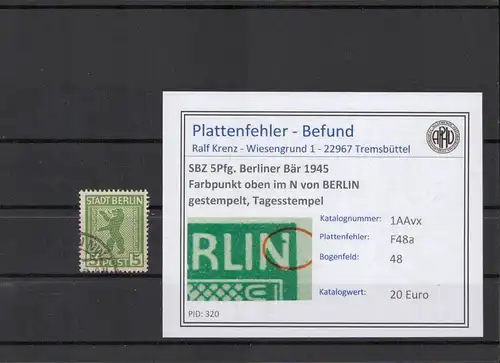 SBZ 1945 PLATTENFEHLER Nr 1AAvx F48a gestempelt (210451)