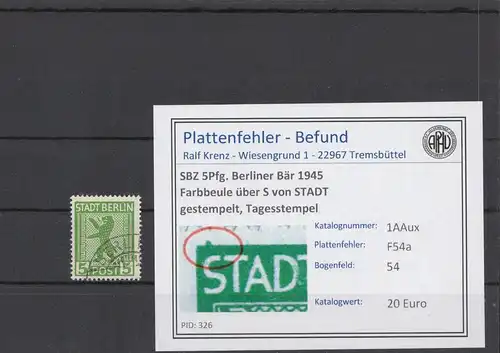 SBZ 1945 PLATTENFEHLER Nr 1AAux F54a gestempelt (210456)