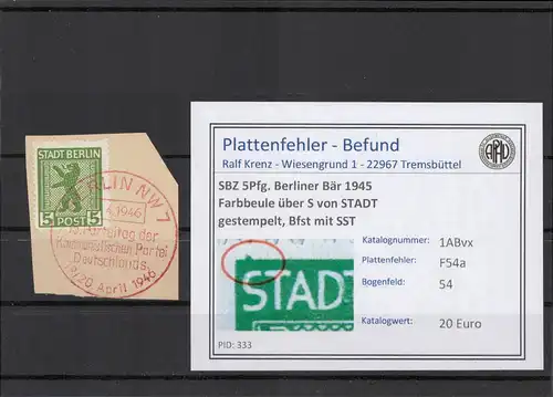 SBZ 1945 PLATTENFEHLER Nr 1ABvx F54a gestempelt (210463)