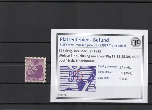 SBZ 1945 PLATTENFEHLER Nr 2Aawbz XVII postfrisch (210518)