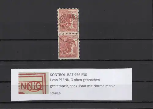 KONTROLLRAT 1947 PLATTENFEHLER Nr 956 F30 gestempelt (211418)
