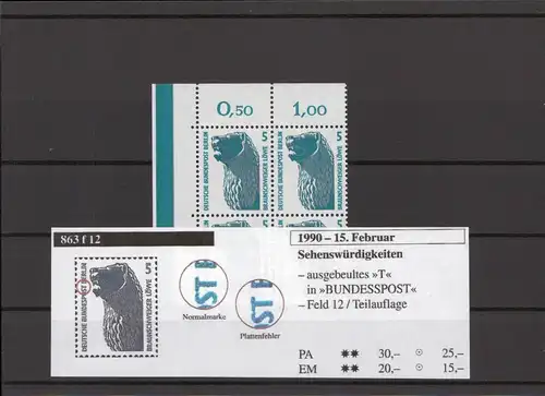 BERLIN 1990 PLATTENFEHLER Nr 963 f12 postfrisch (213743)