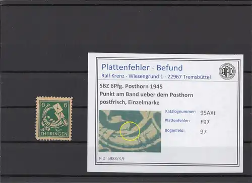 SBZ 1945 PLATTENFEHLER Nr 95AXt F97 postfrisch (213826)