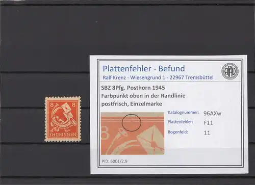 SBZ 1945 PLATTENFEHLER Nr 96AXw F11 postfrisch (213844)