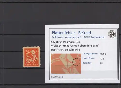 SBZ 1945 PLATTENFEHLER Nr 96AXt F18 postfrisch (213854)
