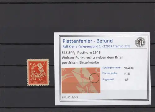 SBZ 1945 PLATTENFEHLER Nr 96AXu F18 postfrisch (213855)