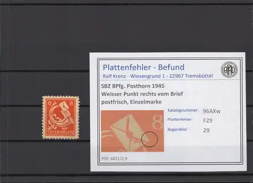 SBZ 1945 PLATTENFEHLER Nr 96AXw F29 postfrisch (213864)