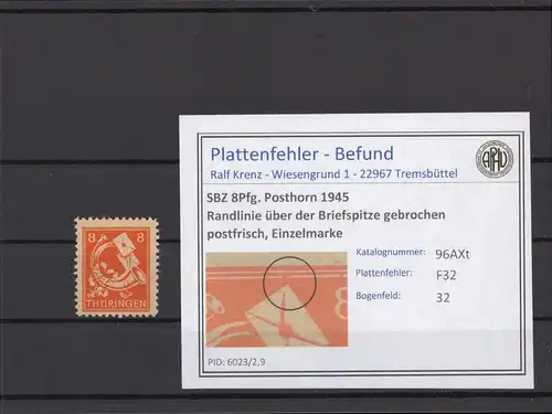 SBZ 1945 PLATTENFEHLER Nr 96AXt F32 postfrisch (213866)
