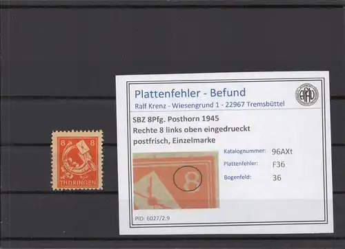 SBZ 1945 PLATTENFEHLER Nr 96AXt F36 postfrisch (213870)