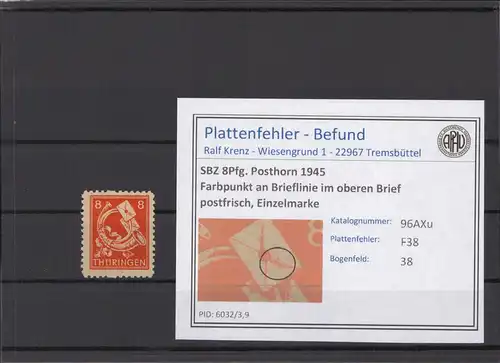 SBZ 1945 PLATTENFEHLER Nr 96AXu F38 postfrisch (213875)